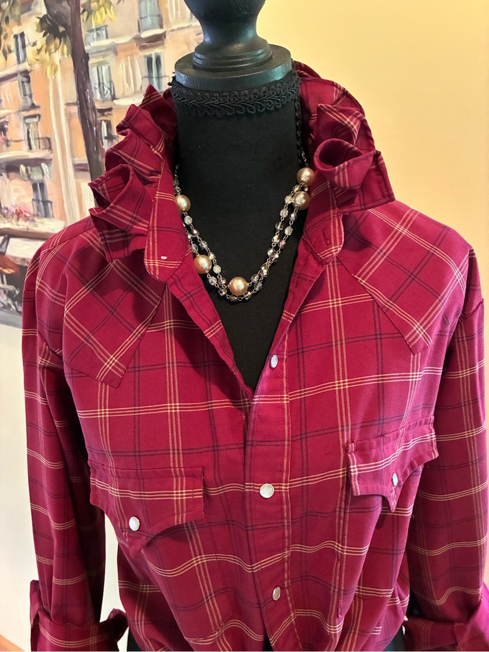 Women's Burgundy Plaid Button-Down Shirt - Tie Front - Picture 4 of 7